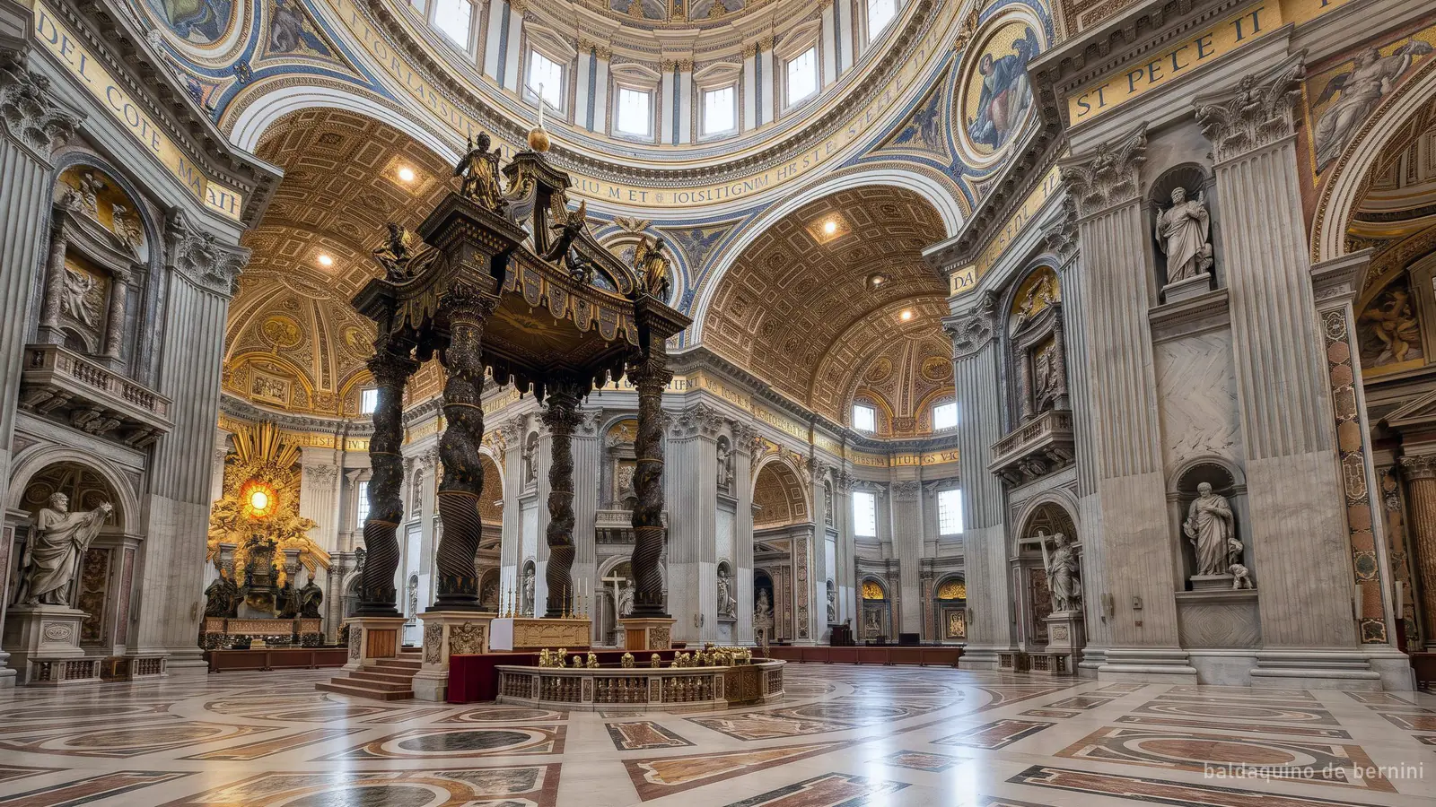El baldaquino de bronce de Bernini bajo la cúpula de la Basílica de San Pedro (imagen generada)