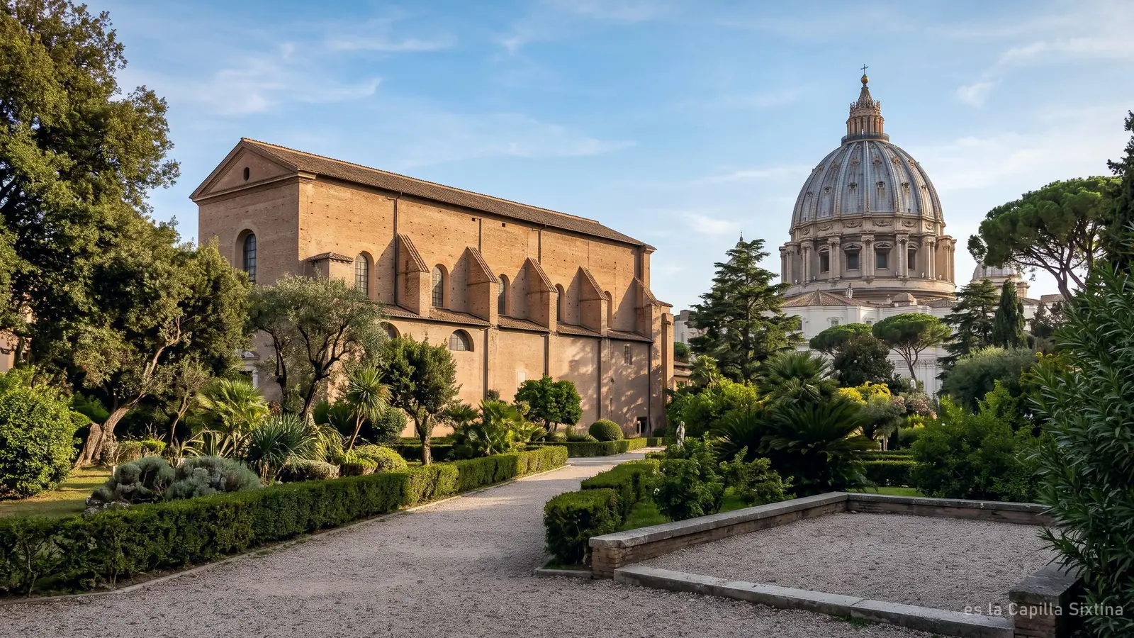 La Capilla Sixtina y la cúpula de San Pedro vistas juntas desde los Jardines Vaticanos (imagen generada)