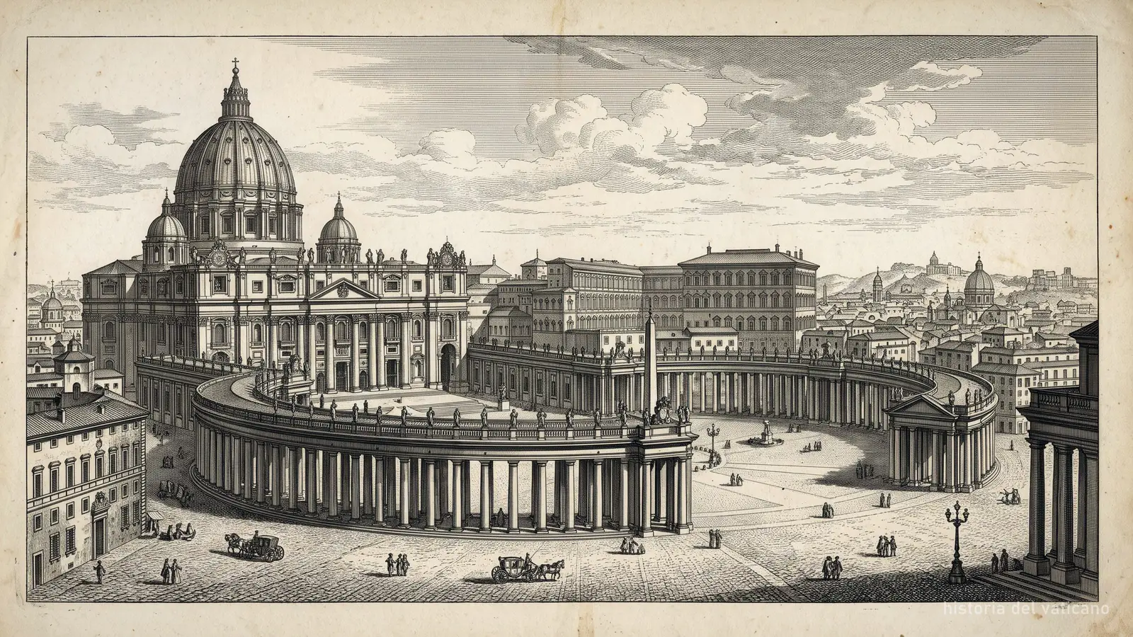 Ilustración de estilo grabado antiguo de la Basílica de San Pedro y su columnata (imagen generada)