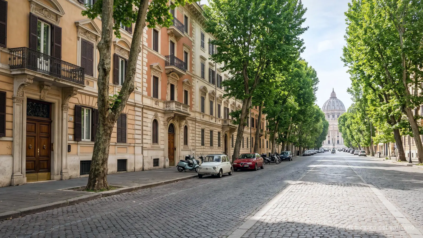 Calle del barrio de Prati, en Roma, con portales y plátanos (imagen generada)