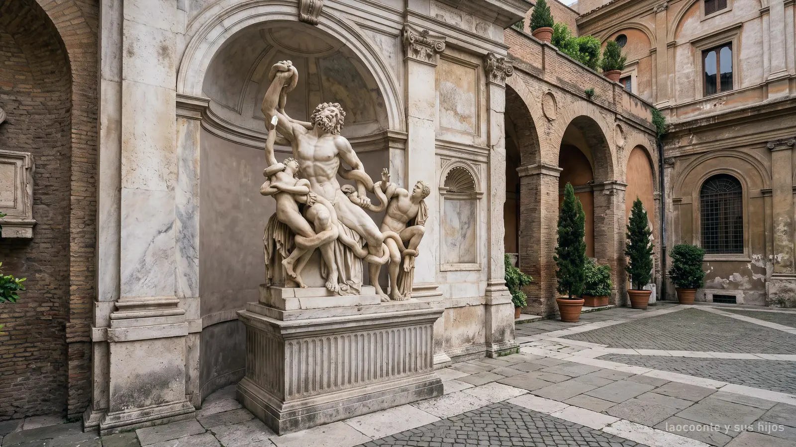 El grupo escultórico de Laocoonte y sus hijos en el patio del Belvedere (imagen generada)