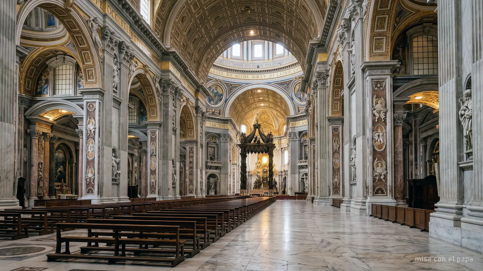 La nave de la Basílica de San Pedro hacia el altar de la Cátedra (imagen generada)