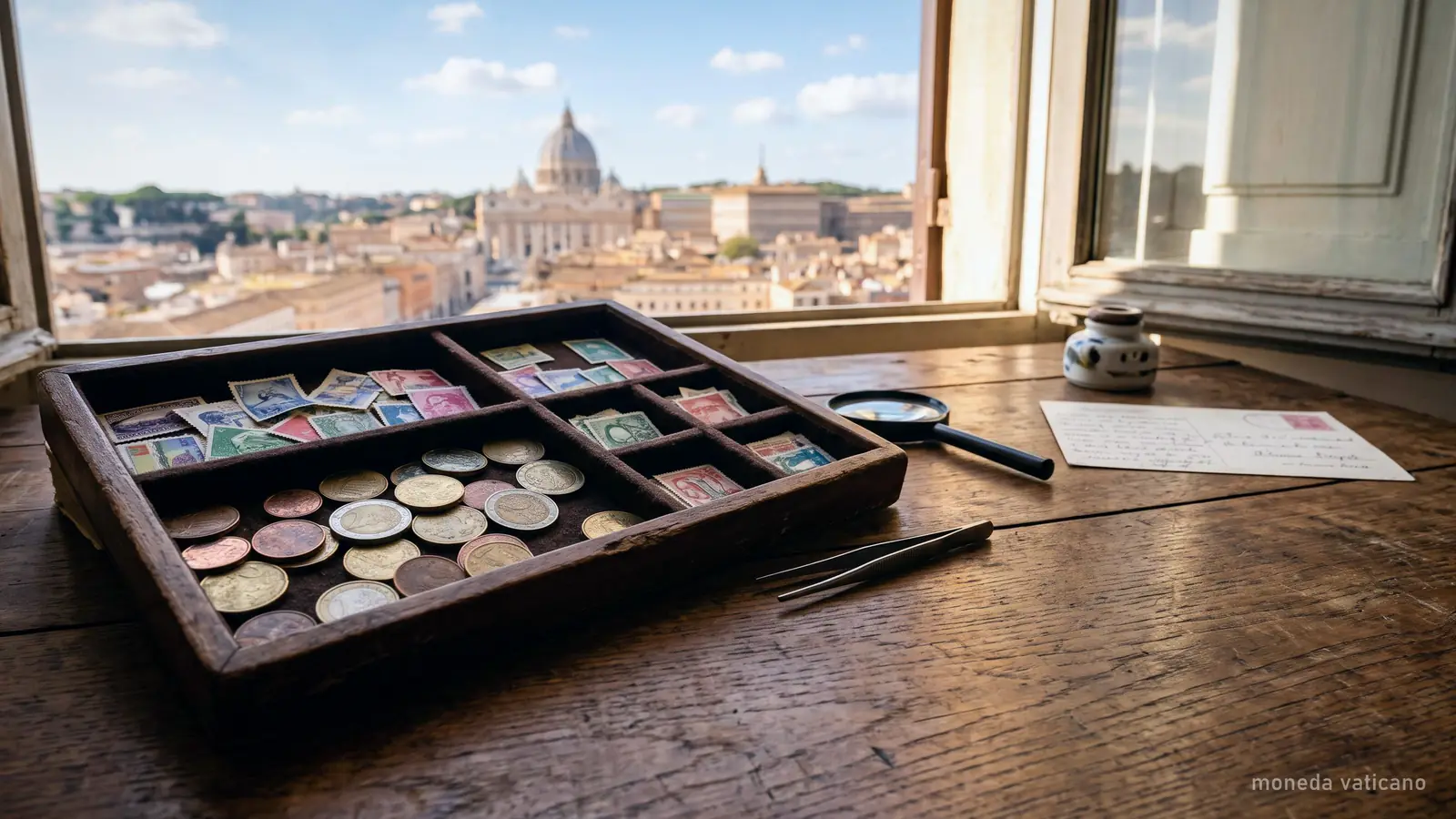 Monedas de euro y sellos de colección sobre una mesa de madera (imagen generada)