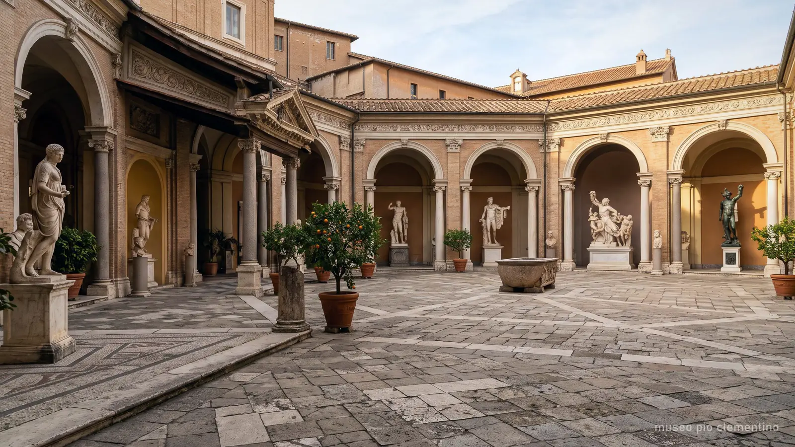 Patio octogonal del Museo Pío-Clementino con estatuas clásicas de mármol (imagen generada)