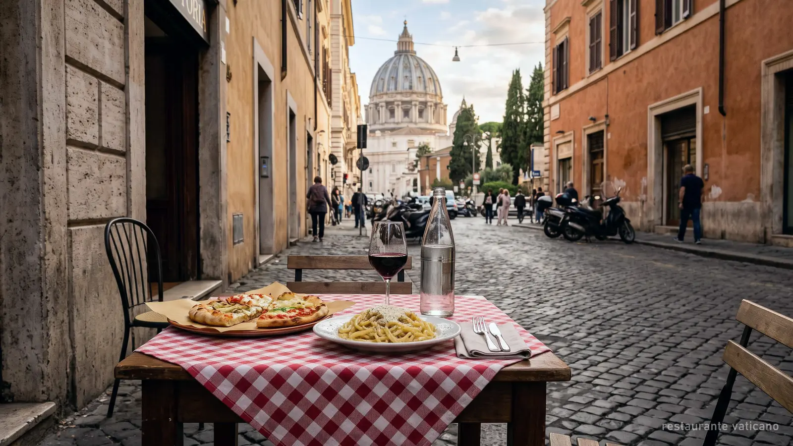 Mesa de una trattoria en el barrio de Prati, con la cúpula de San Pedro al fondo (imagen generada)
