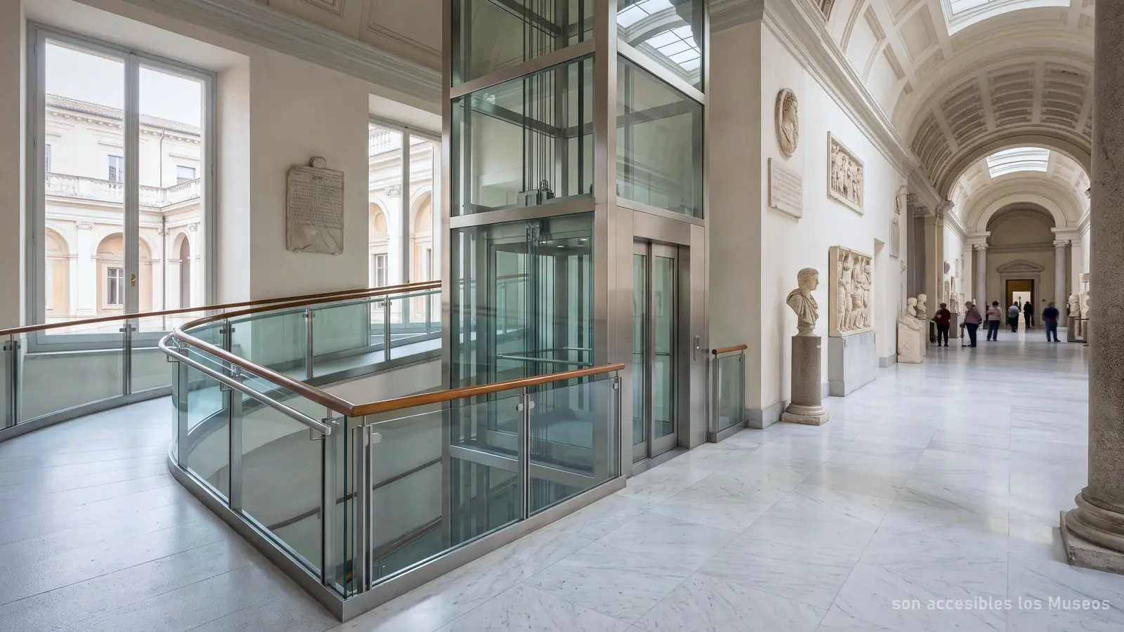 Rampa y ascensor en un pasillo luminoso de los Museos Vaticanos (imagen generada)
