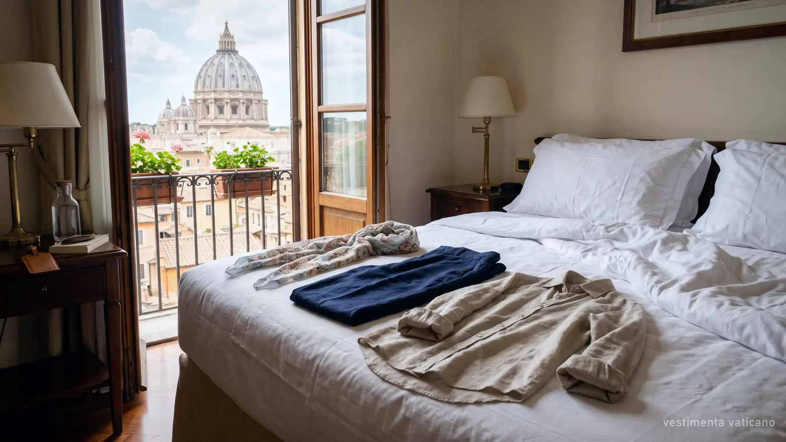 Pañuelo, pantalón largo y camisa con mangas preparados para visitar el Vaticano (imagen generada)
