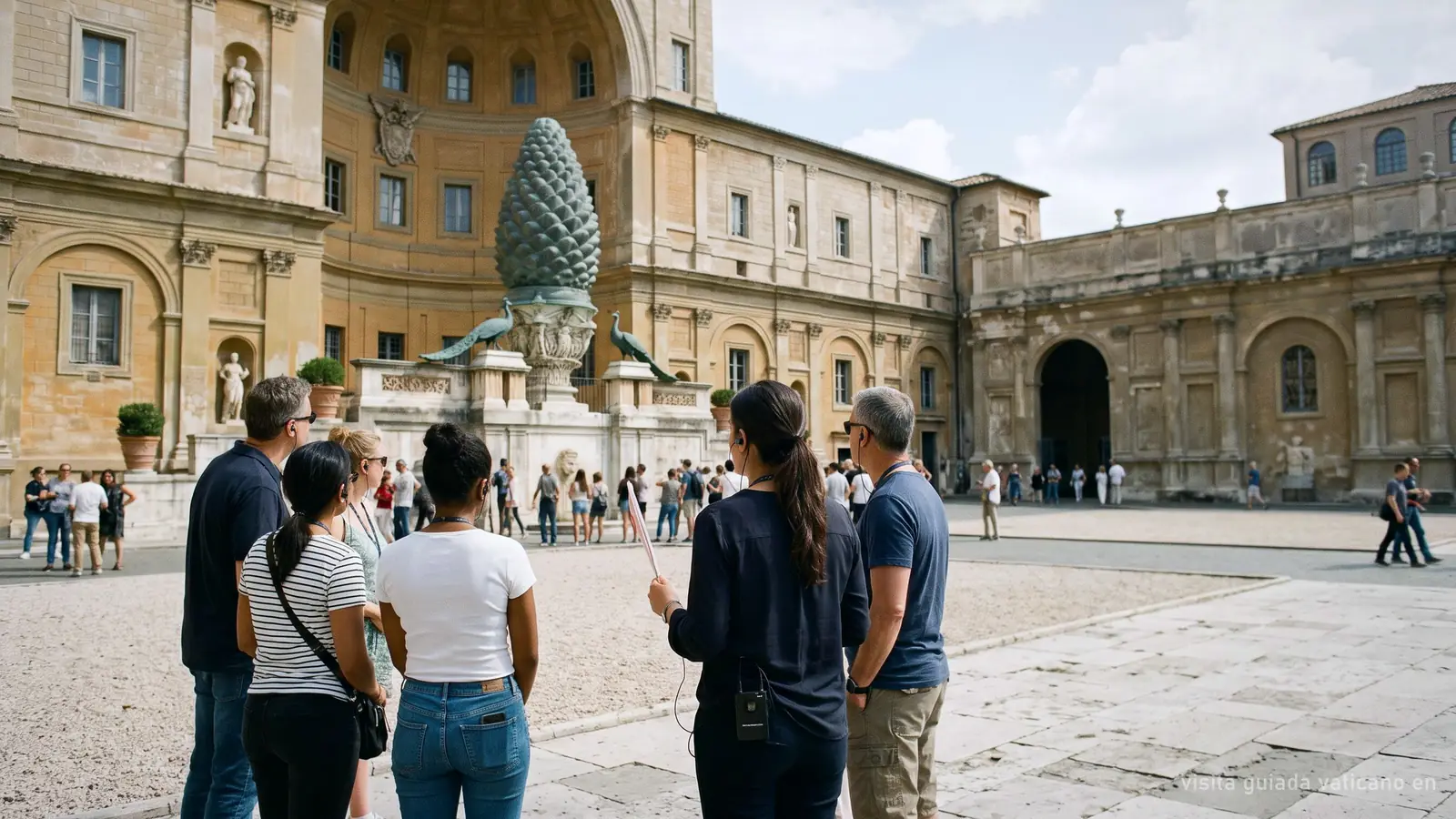 Una guía habla a un grupo con auriculares en el Patio de la Piña de los Museos Vaticanos (imagen generada)